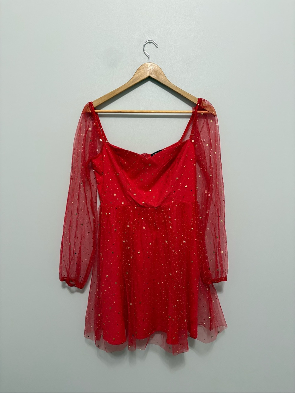 Whimsical Glam Red Starlight Sparkle Mesh Long Sleeve Mini Fit and Flare Dress